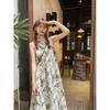 French retro ink painting printing sleeveless neck dress women's summer slim and thin temperament age-reducing medium and long dress