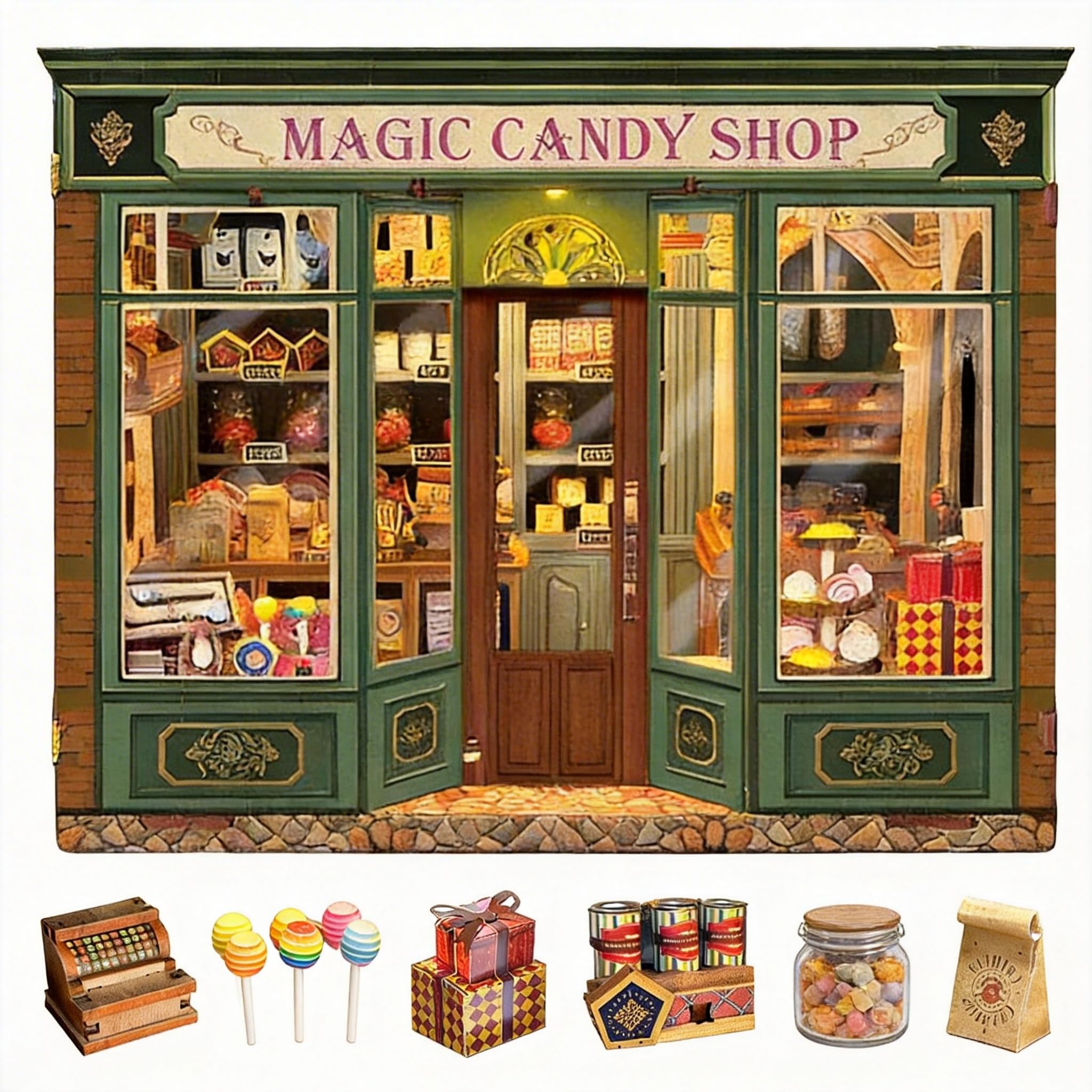 

Pixie Curio Book Nook Kit Dollhouse Miniature House 3D Wooden Puzzle Magic Candy Shop LED Touch Switch 180 Degree Swing Door Acrylic Show Window зелёный