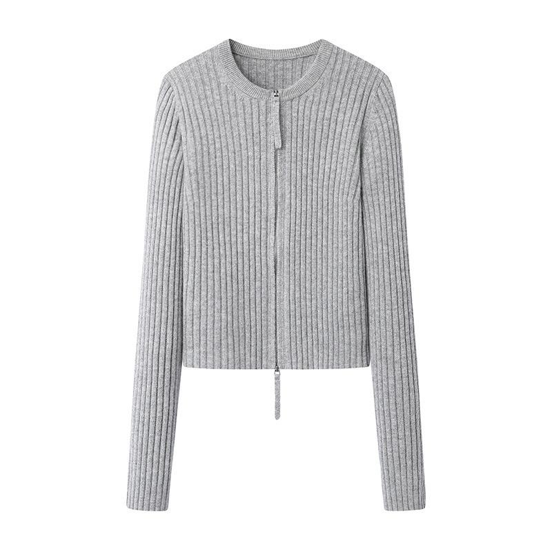 Knitted Knit Sweater with Zipper Slim Fit Sweater Early Autumn Women's Top Round Neck