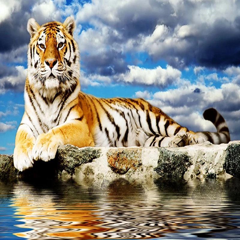 Mural Wallpaper 3D Stereo Tiger Blue Sky And White Clouds Wall Murals Living Room Bedroom Cartoon Wall Papers
