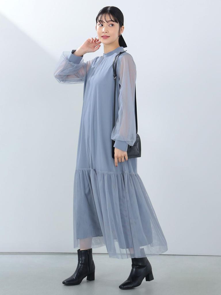 Beams Heart Sheer Tiered Dress, Women's, Greyish Blue, One Size