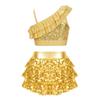 Girls Shiny Sequins Ruffle Crop Top Asymmetrical Shoulder Straps Tiered Skirted Shorts Culottes Dance Set