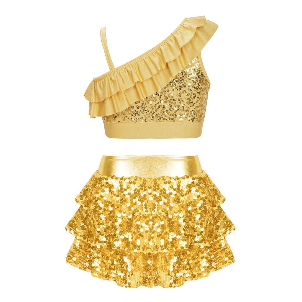 Girls Shiny Sequins Ruffle Crop Top Asymmetrical Shoulder Straps Tiered Skirted Shorts Culottes Dance Set