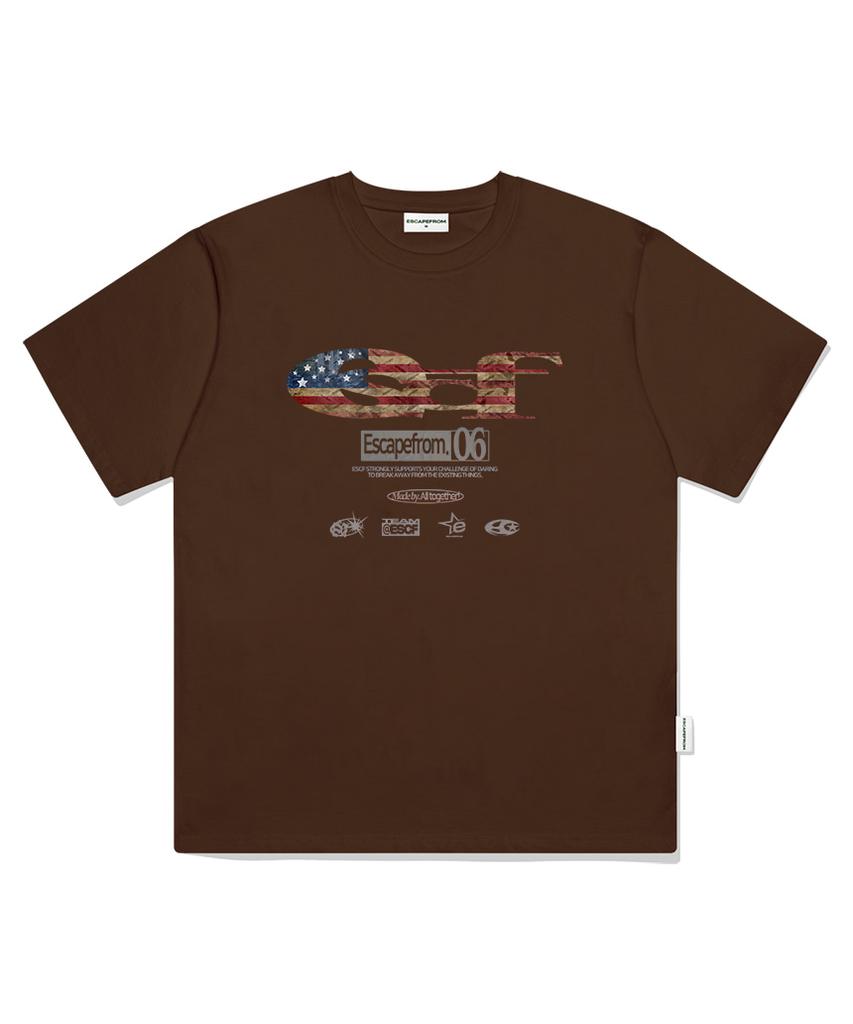 ESCAPEFROM Vintage Flag Escf Logo Collage Print Oversized Short Sleeve T-Shirt Brown