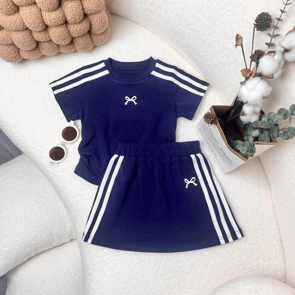 Girls' 2025 Korean Style Blue Cotton Casual Summer Sports Suit - Short-Sleeve Top & Skirt