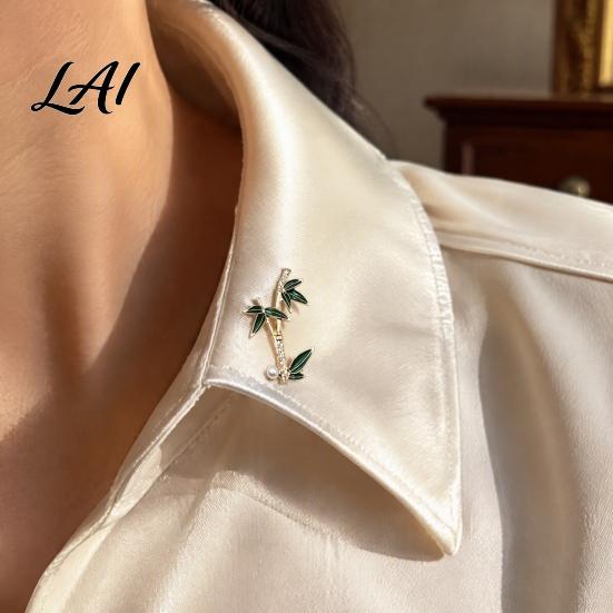 Green Leaf Bamboo Jewelry Alloy Rhinestone Brooch Enamel Lapel Collar Pin Men Chinese Style Decorative Accessory Women Accessories for Suit