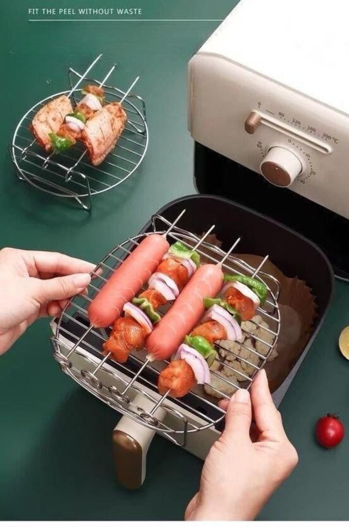 8 Inch Outdoor Grill Set with Skewers Square Air Fryer Grill Steamer Stainless Steel Barbecue Bracket BBQ Air Fryer Accessories