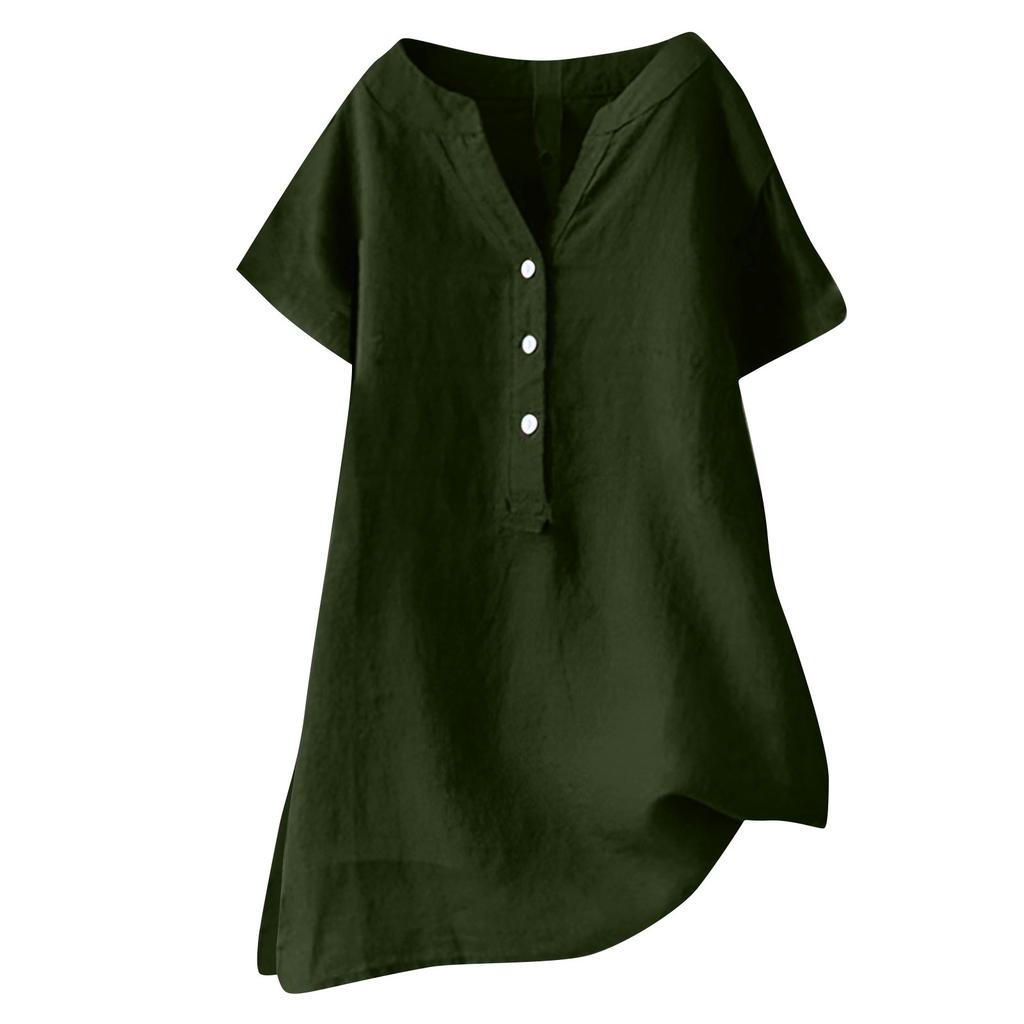 Women's Summer Casual V-neck Button Shirt Solid Color Short Sleeve Hem Split Cotton Blouse