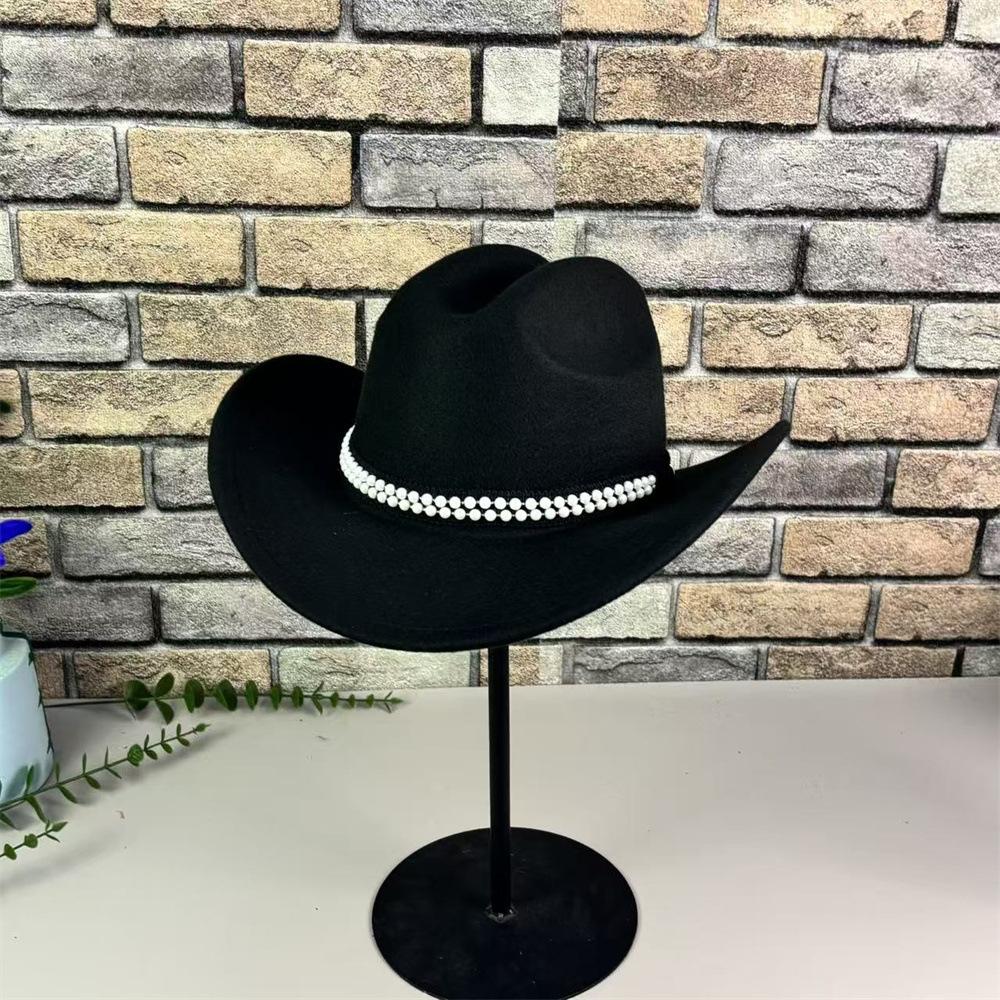 European and American Style Woolen Pearl Accessories Cowboy Hat Woolen Pearl Cowboy Hat Autumn and Winter Cowboy Hat Grassland Knight Hat