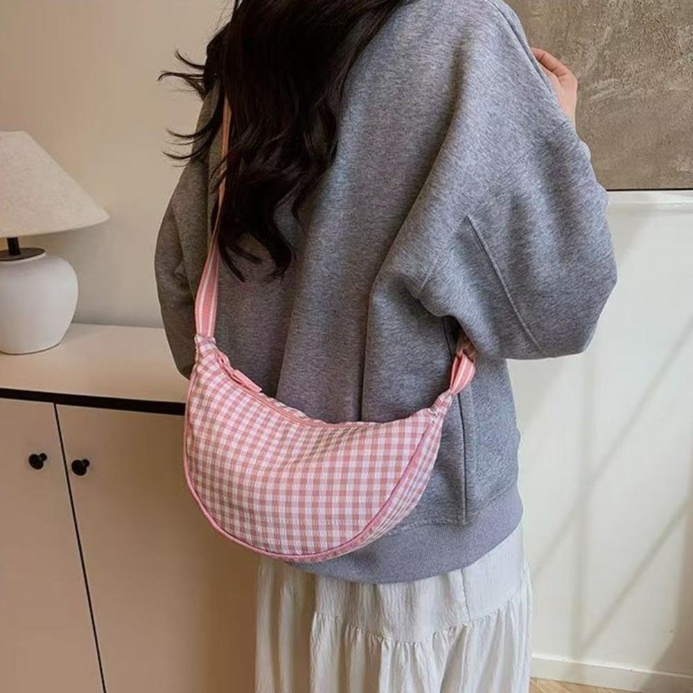 Adjustable Strap Plaid Shoulder Bag Canvas Dumpling Bag Fashion Nylon Crossbody Bag  Outdoor