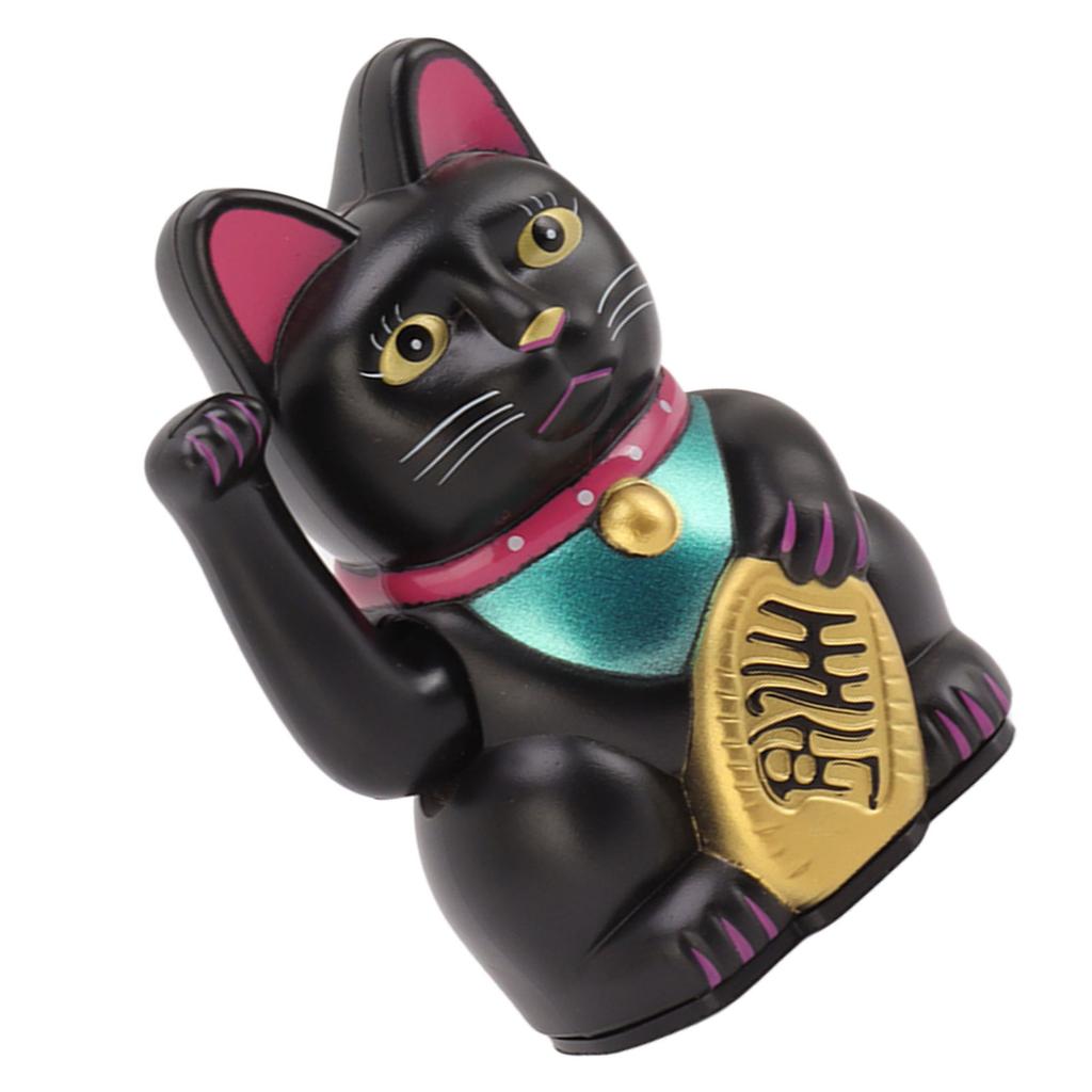 4 Inch Lucky Cat Decor Hand Waving Welcoming Cat for Home Desk Ornament Gift Giving Black