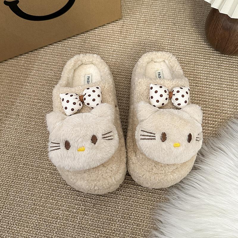 

Cute kitten lady plush cotton slippers 2025 autumn and winter new home wear non-slip soft-bottomed cotton slippers women 40 бежевий