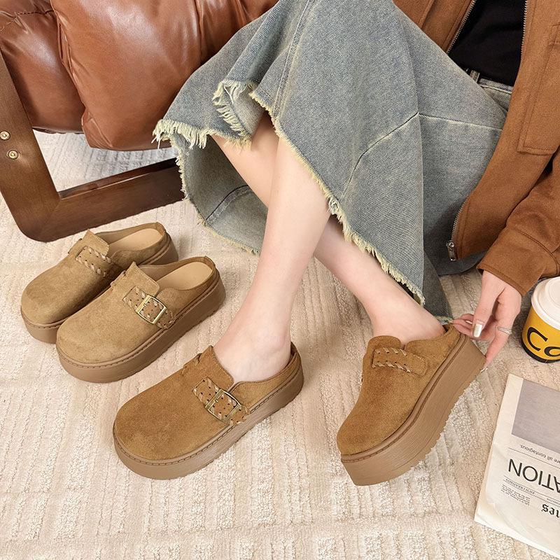 Lazy thick-soled bag head slippers women's 2025 autumn new height increase outer wear one pedal casual with skirt Boken tow