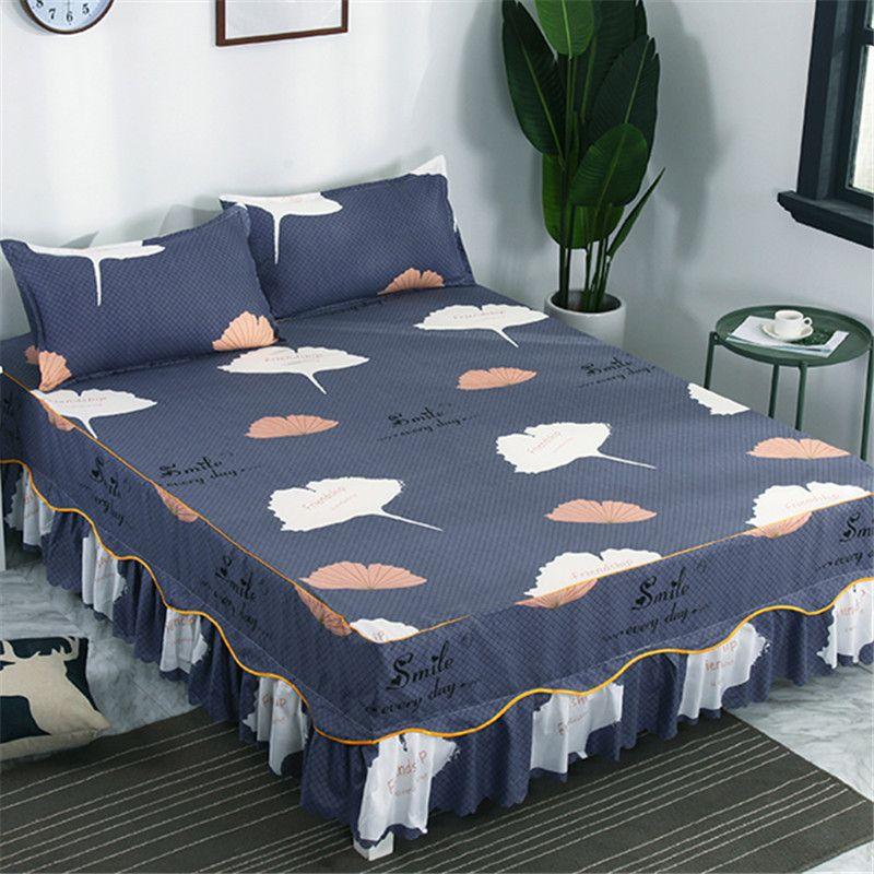 3PCS Bed Skirt Flower Printed Fitted Sheet Cover Home Graceful Bedspread Bed Linens Bedroom Decor Mattress Cover Pillowcase