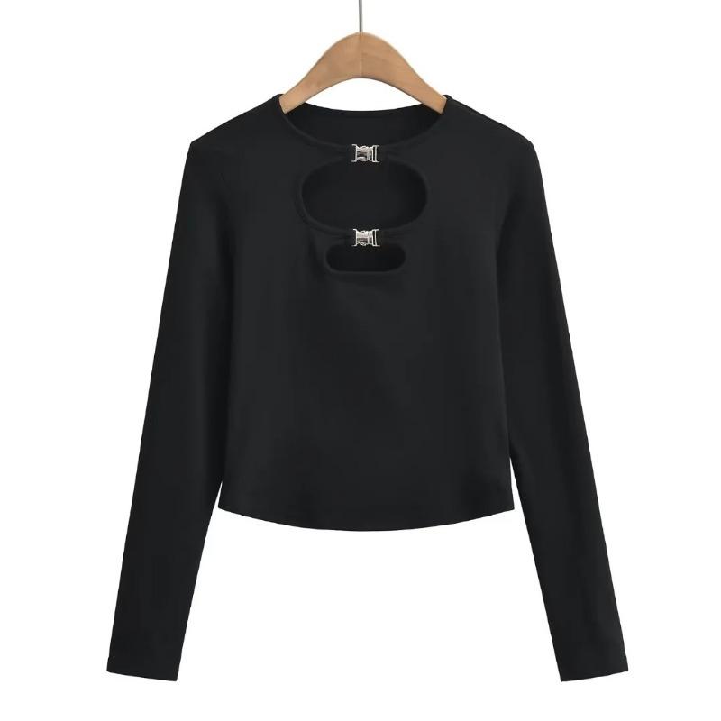 Spring Women's Hollow Round Neck Waist Tight Inner Long Sleeve T-shirt