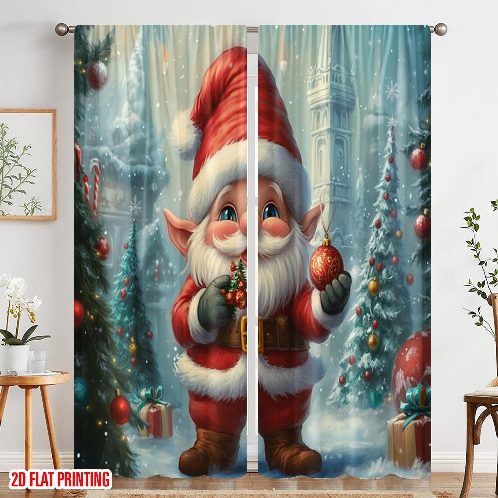 2pcs,2D Plane Printing Curtains Digital Printed Cute Elf Santa Christmas Tree Versatile Durable Polyester (without Rod) Outdoor