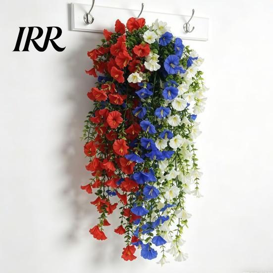 Weatherproof Artificial Flowers Patriotic Red White Blue Hanging Morning Glory Flower Vine UV Resistant Fake Plants for 4th of July Memorial