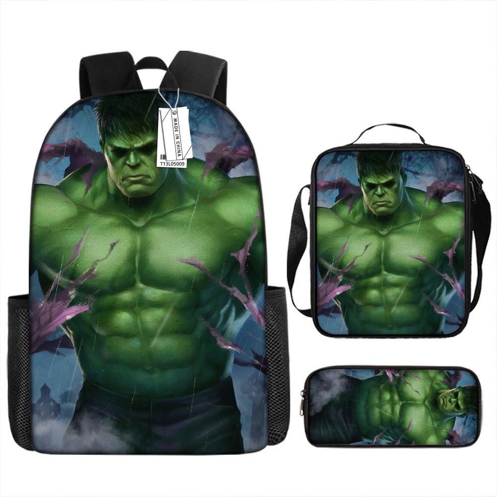 Children Backpack Three Piece Set With The Avengers Hulk Print Design For School Use