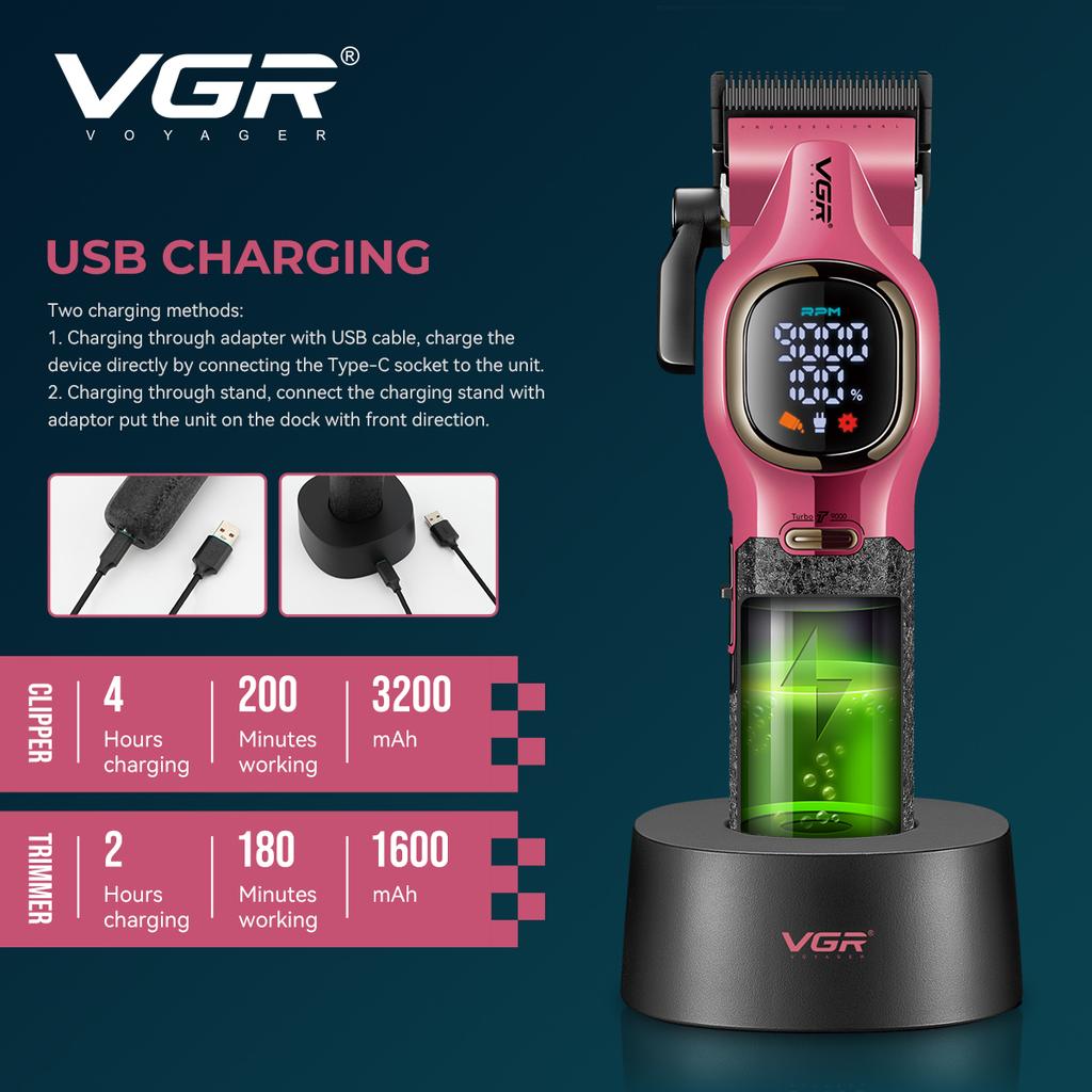Original VGR V-886 S2 High-end Hair Clipper Set Alloy Blade Hair Trimmer Metal Body Oil Head Carving Push Shear with LED Digital Display Home Razor