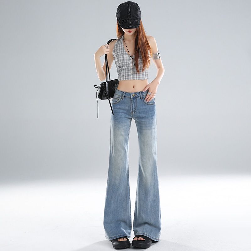 Spring Summer Ice Blue Low Waist Y2K Slim Micro Flare Trendy Denim Pants For Fashion Ladies Casual Pants Oversize Denim Trousers