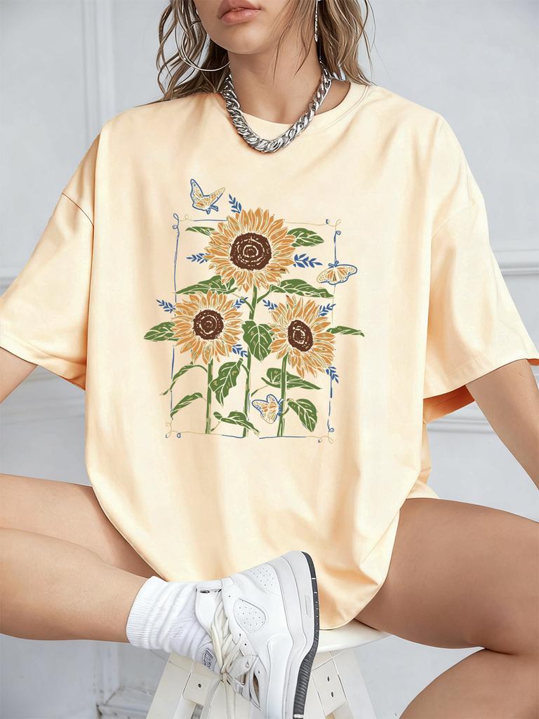 Sunflower Oil Printing Prints TShirts Womens Summer Cotton Short Sleeve T Shirt Loose ONeck Comfortable Tops Casual Clothes