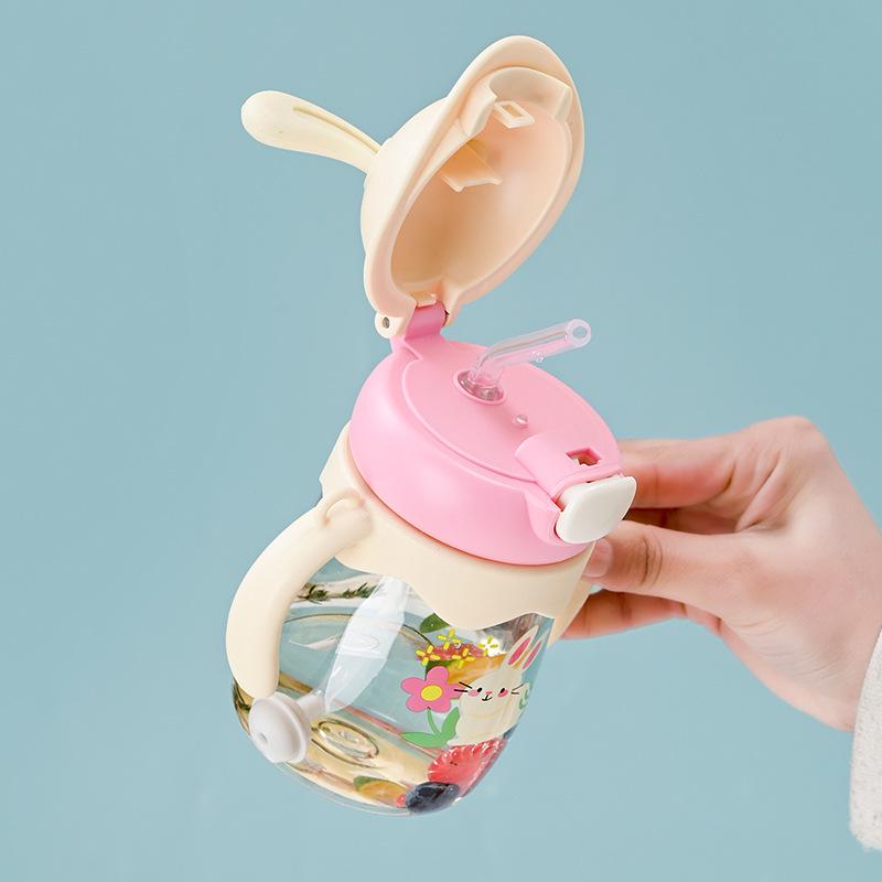 Kids' Cartoon Colorful Straw Water Bottle with Handle Strap - Portable Outdoor Plastic Cup