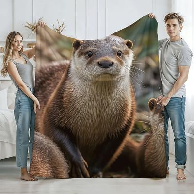 1pc Adorable Otter Family Portrait Flannel Blanket - Plush All-Season Cozy Otter Throw with Otter Mom & Otters Design Multi-Size B