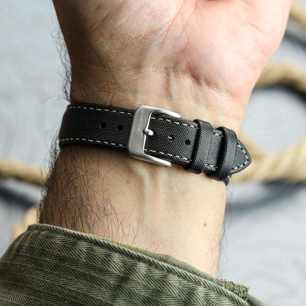 ZULUDIVER Mayday Regatta Sailcloth Watch Waterproof Rubber Diver Watch Band with Spring Bars and Brushed Buckle Black with Beige Sand Strap,