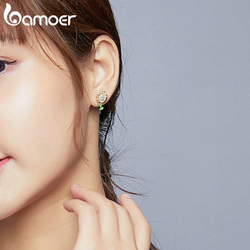 BAMOER Genuine 925 Sterling Silver Sunflower Stud Earring for Women Jewelry