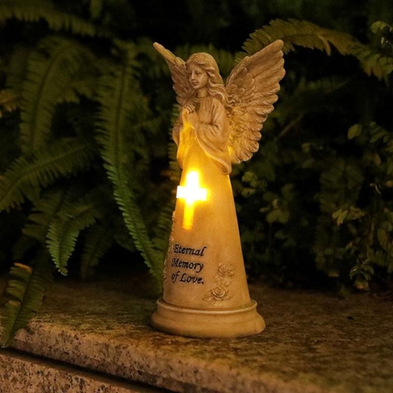 Statui Înger Grădină Rășini Decorațiuni Exterioare, Figurine Îngeri Solare Luminoase pentru Decorațiuni Grădină Curte Artă Cadou Comemorativ