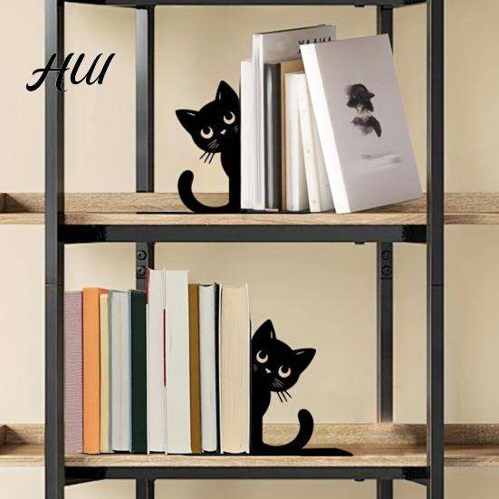 Rounded Corner Bookend 2Pcs Black Cat Bookends for Shelves, Cute Metal Book Holder Kids Room Desk, Heavy Duty Non-Slip Stopper Home Office Decor