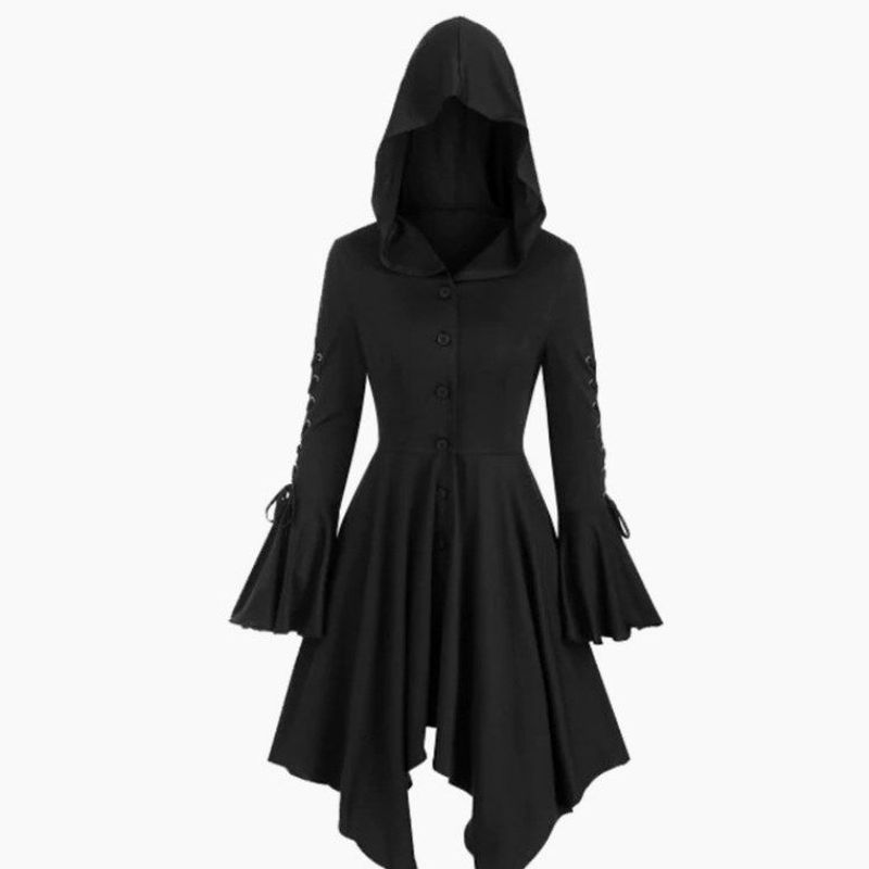 European and American Hot Corns Shoelace Hooded Cardigan Ruffle Sleeve Asymmetrical Hem European and American Women s Clothing Cape Coat Ladies. Black S