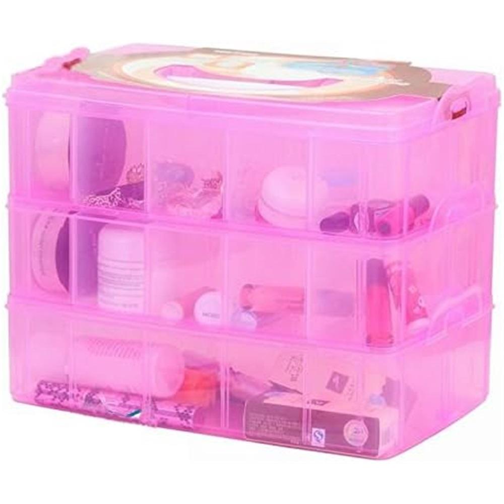 

Large three-tier stackable jewelry craft tool storage box with adjustable compartments, pink snap tray container with 30 compartments