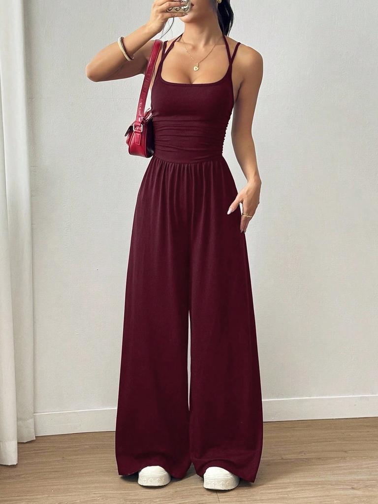 Women's Crisscross Spaghetti Strap Square Neck Ruched High Waist Wide Leg Long Jumpsuit Casual Summer Romper