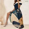 Women Plus Size Round Neck Short Sleeve Blue White Beige Printed Gathered Waist A Line Long Dress