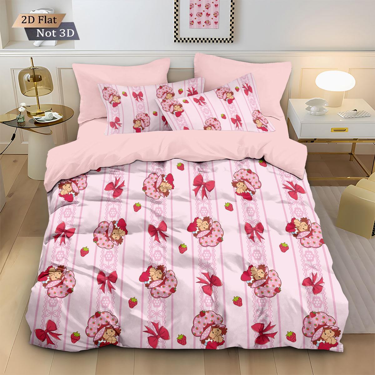 3-delige Roze Aardbeienmeisje Beddengoed Set, Multi Maat Slaapkamer Beddengoed Decoratie, Machinewasbaar 135x200cm-EU-Single&set