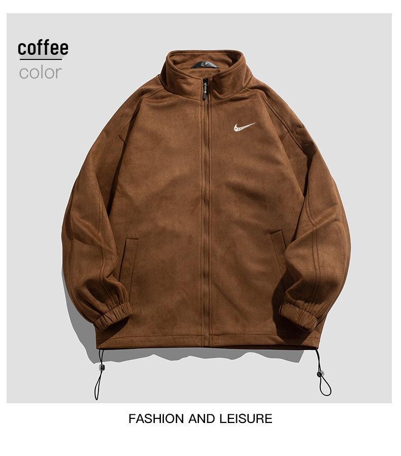 Giacca Unisex in Pelle Scamosciata e Pile con Collo Rialzato Stile Giapponese - Uomo Primavera/Autunno 2025 Sportiva e Studente Vestibilità Larga