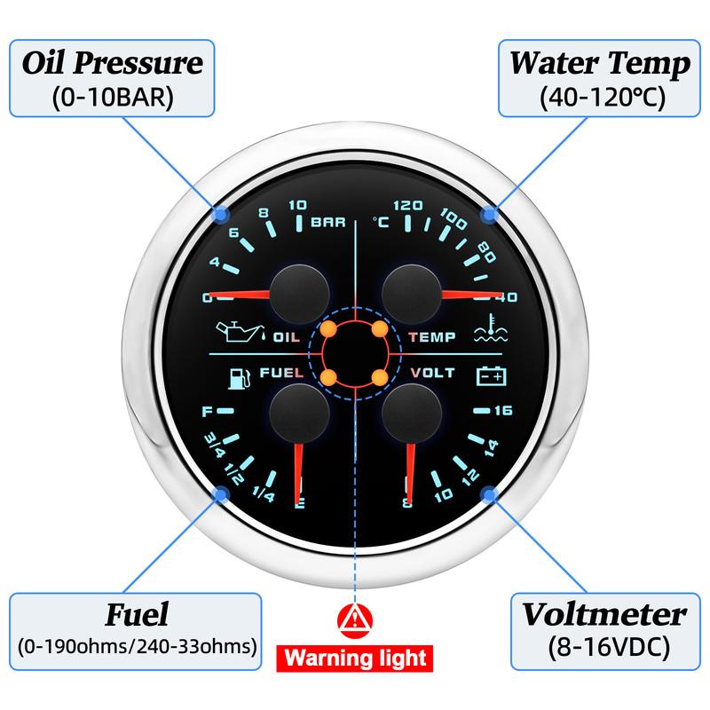 ZMFJH 7 Color Light Multi-Meter 4IN1 Oil Pressure+Water Temperature+Fuel Level Gauge+Voltage with Alarm Sensor Auto Car Boat 12V