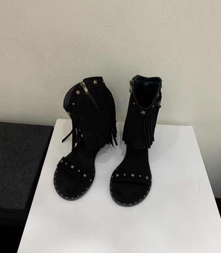 Inner Heightening Leather Roman Rivets Fringed Cool Boots Women'S Wedge Heel Open-Toed Bohemian Sandals