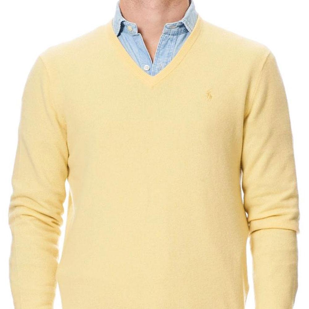 Polo Ralph Lauren Embroidered V-Neck Long Sleeve Knit Sweater Men Sweater Yellow MNPOSWE16820295-700