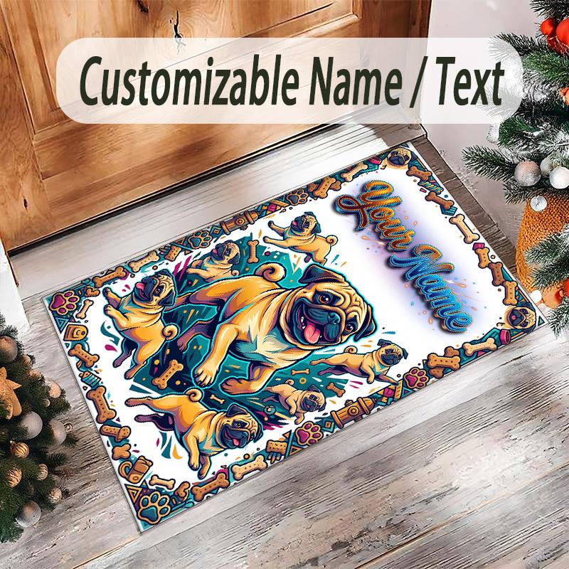 Pug Theme Crystal Velvet Floor Rug Personalized Custom Name Text Warm Carpet Home Decoration
