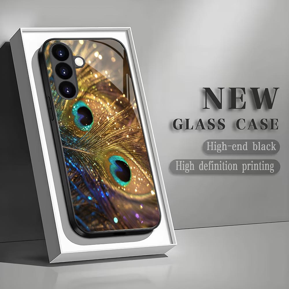 

Shining peacock feather patterned glass phone case suitable for Samsung Galaxy S26 S25 S24 S22 S21 S20 FE/Ultra/Plus5G anti drop GalaxyS25