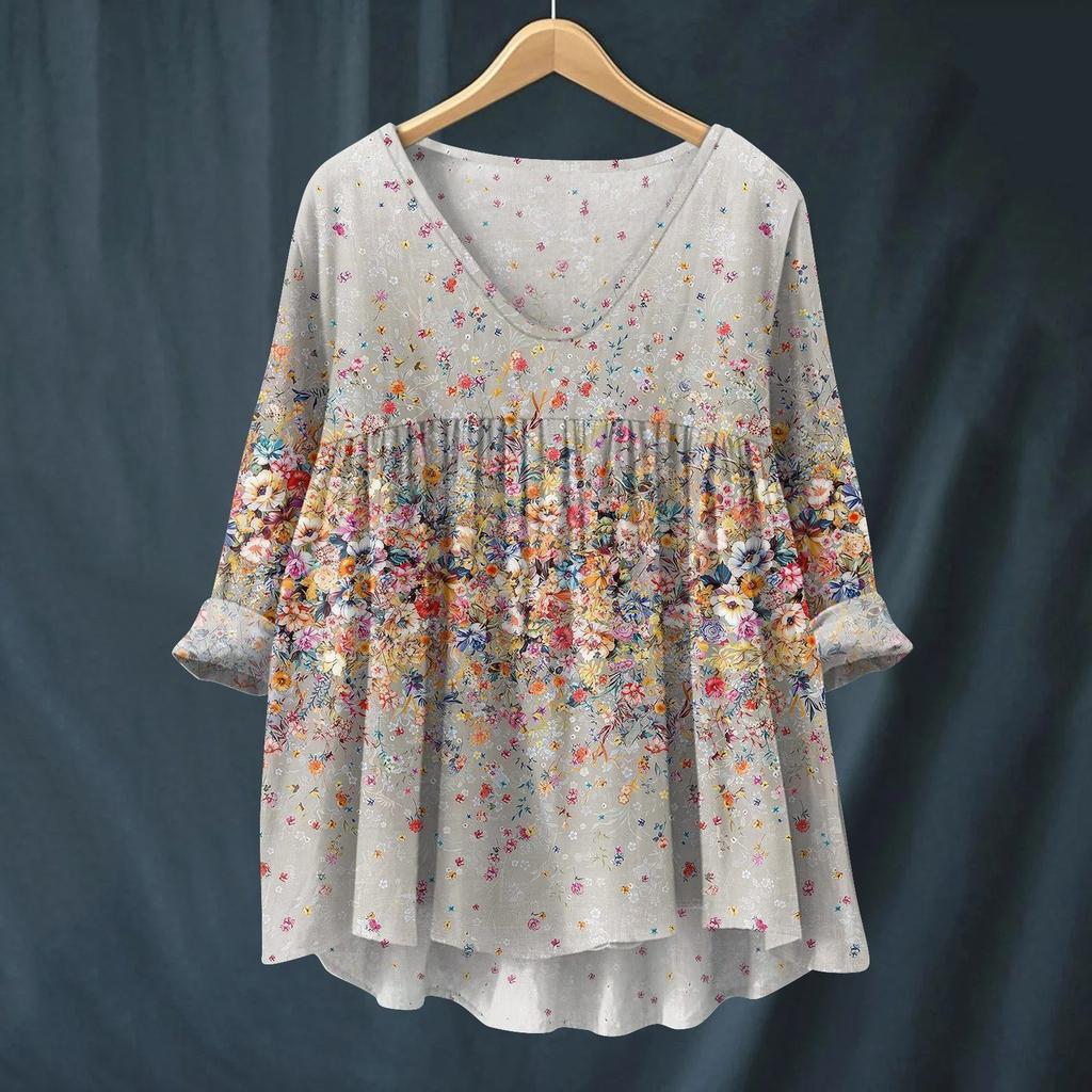 Damen Modisches Und Lässiges Hemd Langärmlig V-Ausschnitt Druck Baumwolle Und Leinen Bluse