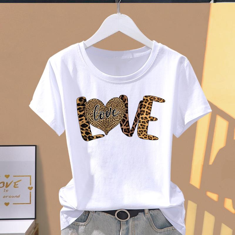 (Asian Size) leopard letter trend Top O-neck Tee Fashion Print Casual Short Sleeve T-shirts T Graphic Female Women's Clothing