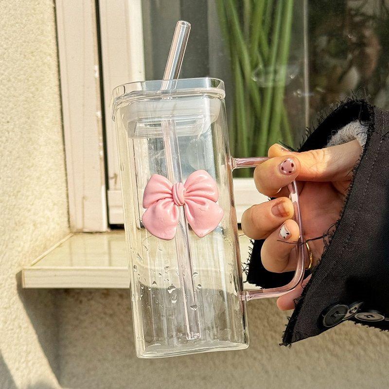 Nespresso Iced Coffee Cup with Straw Cute Bow Cup Glass Mug for Summer Drinks Water Tumbler with Handle Home Drinkware Gift