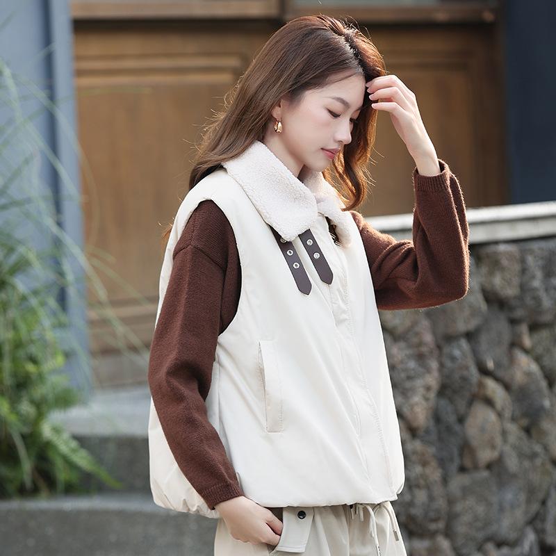 

Жилет с лацканами из овечьей шерсти, женский короткий утолщенный хлопковый жилет, новинка осени и зимы, маленький жилет, жилет-куртка XL белый