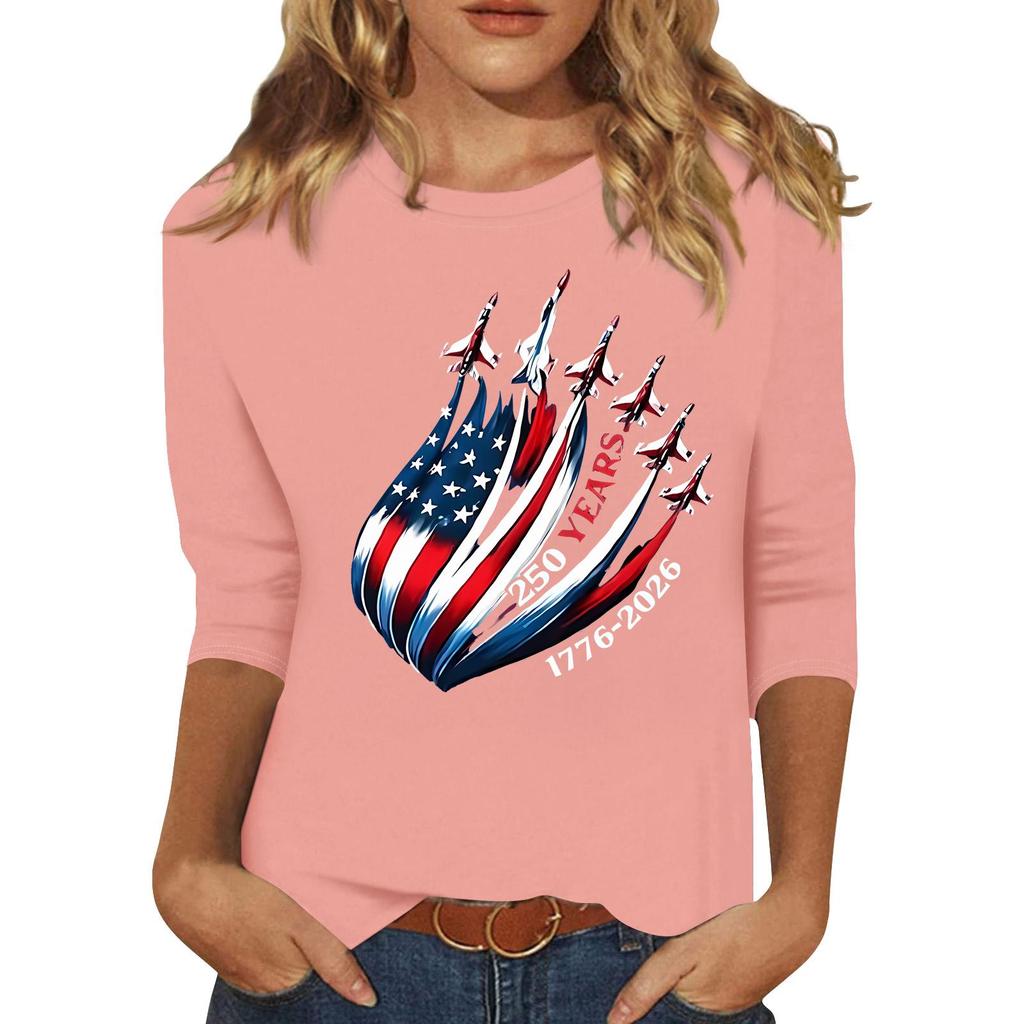 Women's Fashionable Casual Three-Quarter Sleeve 250th Anniversary Independence Day Print Neck Sweater