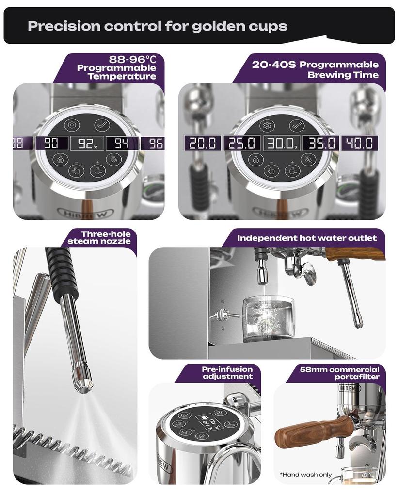 Máquina de Café Espresso Comercial HiBREW H21, Control de Temperatura PID, Sistema de 3 Calderas, Tanque de Agua de 1.8L, Cafetera para Cappuccino Latte