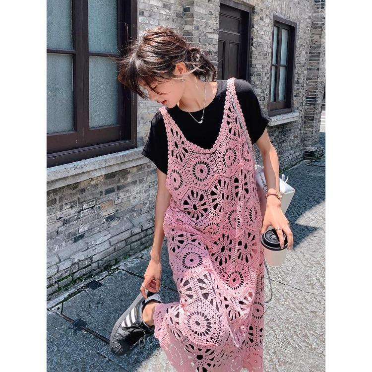 Sexy Lace Knitting Dress Women Hollow Out Long Vest Summer Loose Basic Tops O Neck Tees Dimanaf Style New