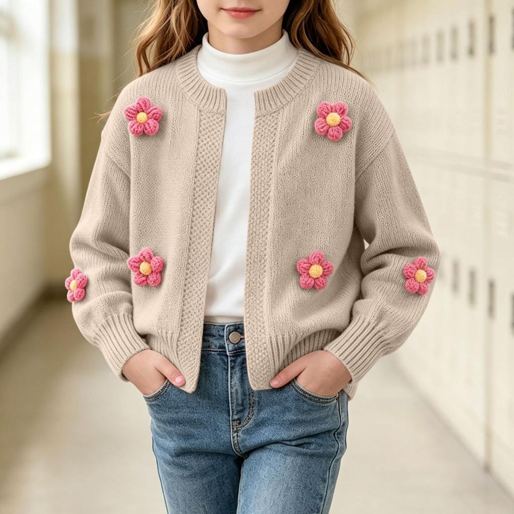 Girls Color Cardigan Sweater with Button Front and Crochet Flower